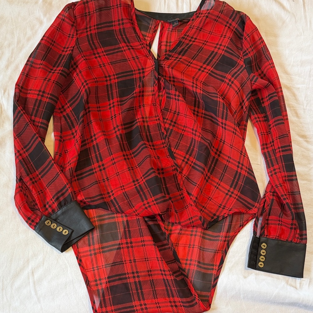 G by Guess Red and Black Plaid Long-Sleeve Blouse with Button Cuffs